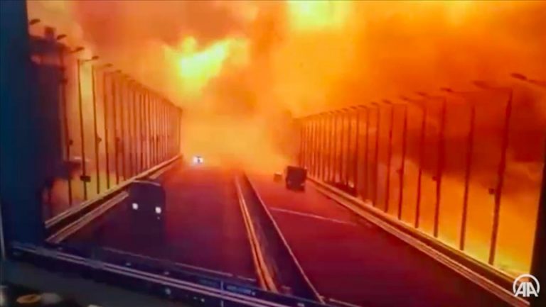 A massive fire breaks out on a crucial bridge connecting Russia and Crimea.