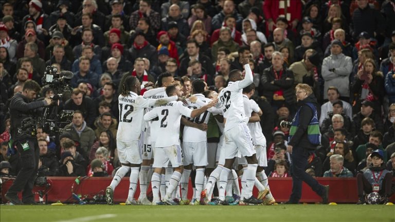 At Anfield, Real Madrid defeats Liverpool 5-2 in the Champions League round of 16.