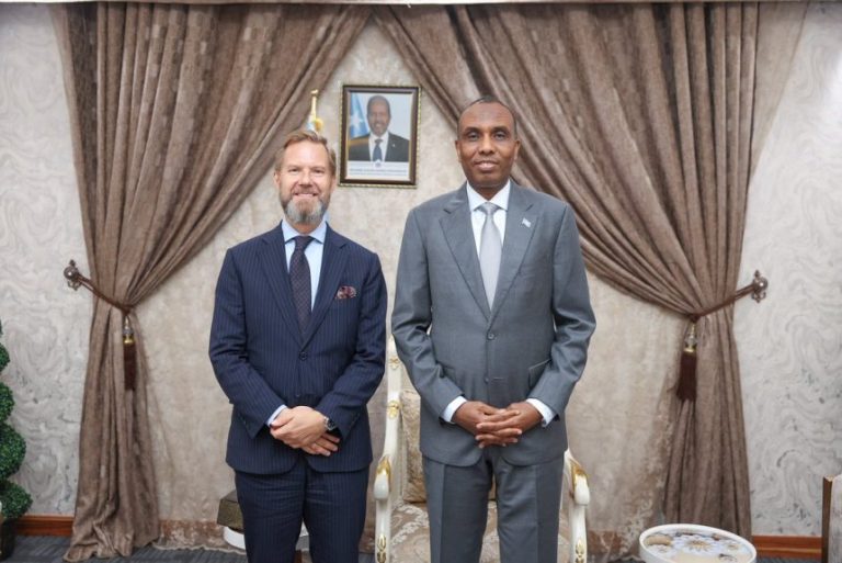 Prime Minister Hamza is greeted by the Swedish Ambassador to Somalia.