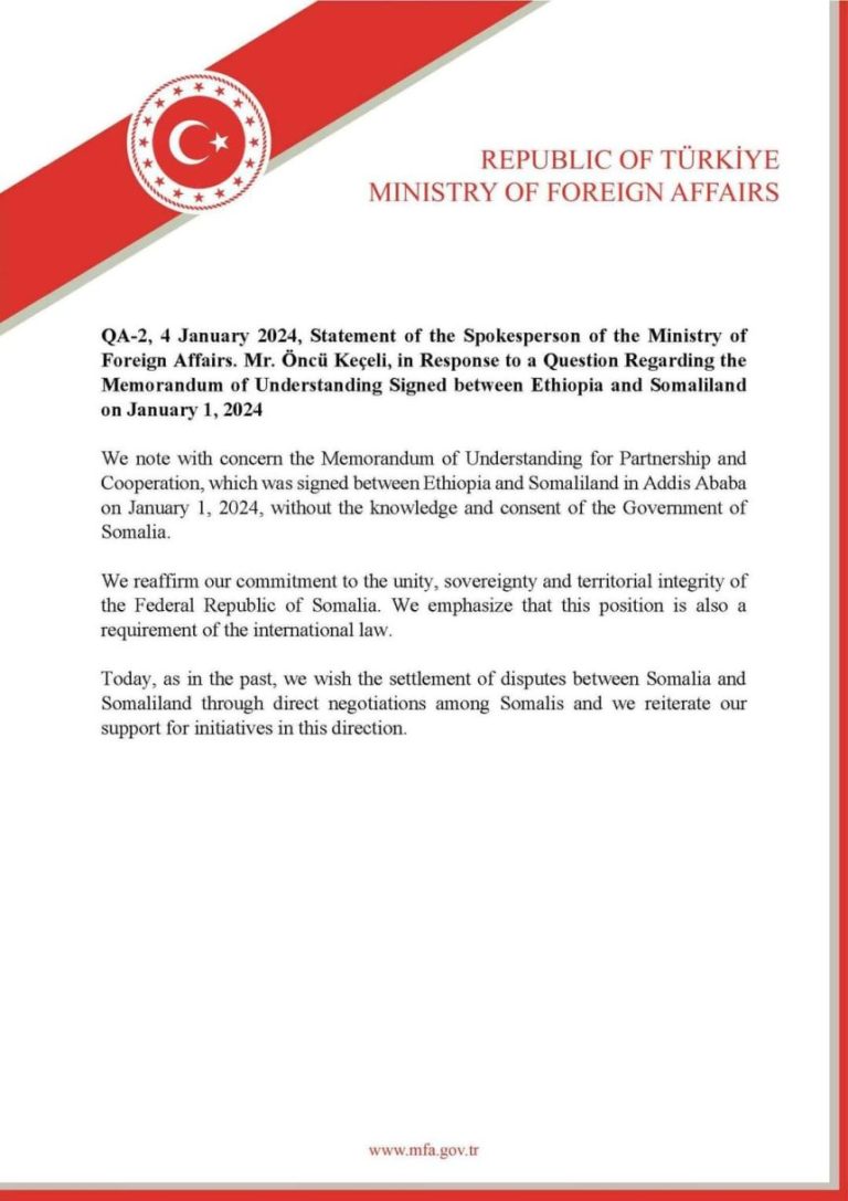 Turkey regards the Ethiopia-Somaliland agreement as a violation of Somalia’s sovereignty.
