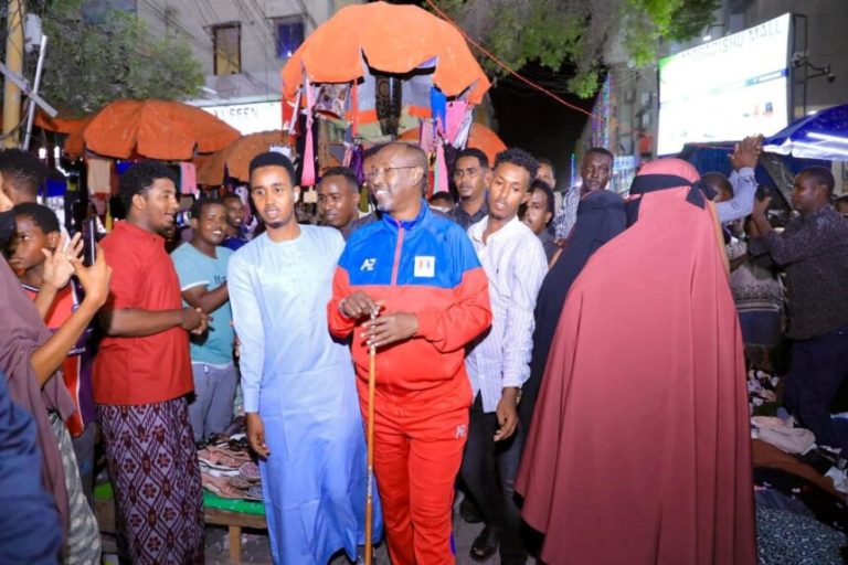 The governor of Banadir and the mayor of Mogadishu inspect the Hamarweyne district market.