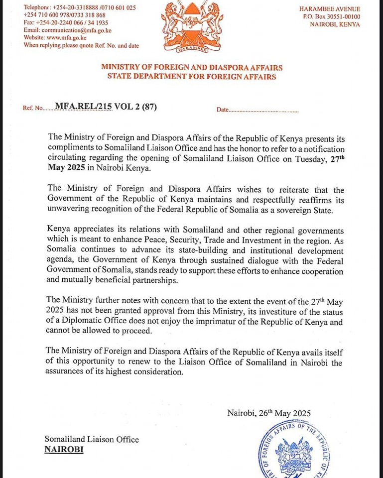 Kenya Blocks Opening of Somaliland Liaison Office, Reaffirms Support for Somalia’s Sovereignty