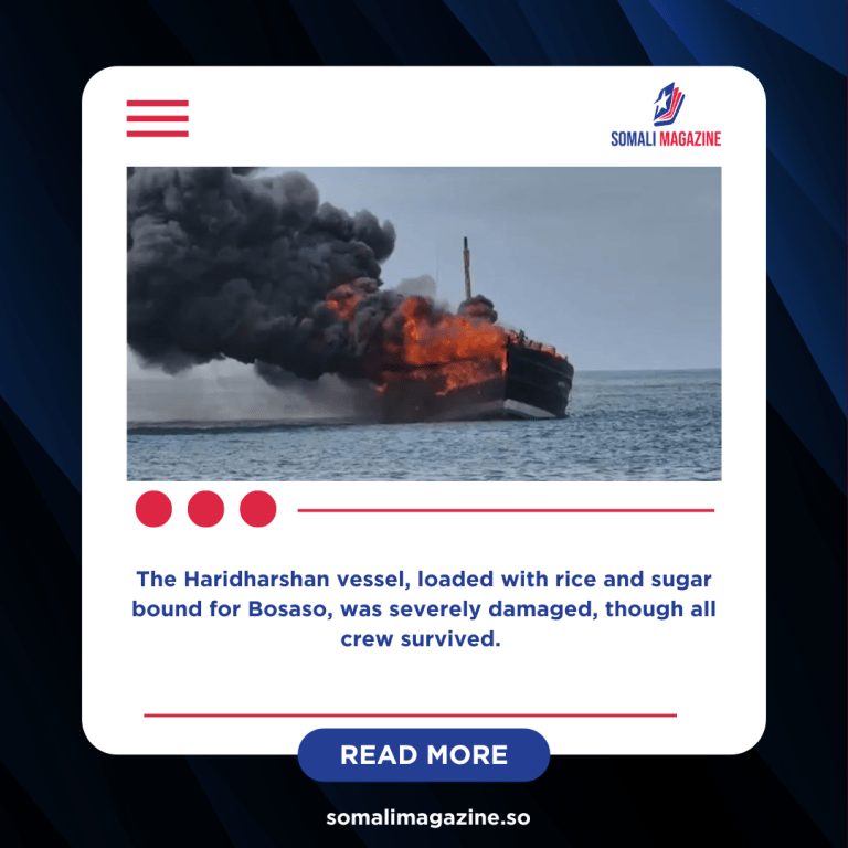 Cargo ship carrying Somali traders’ food supplies catches fire in India, raising fears of shortages in Puntland markets.