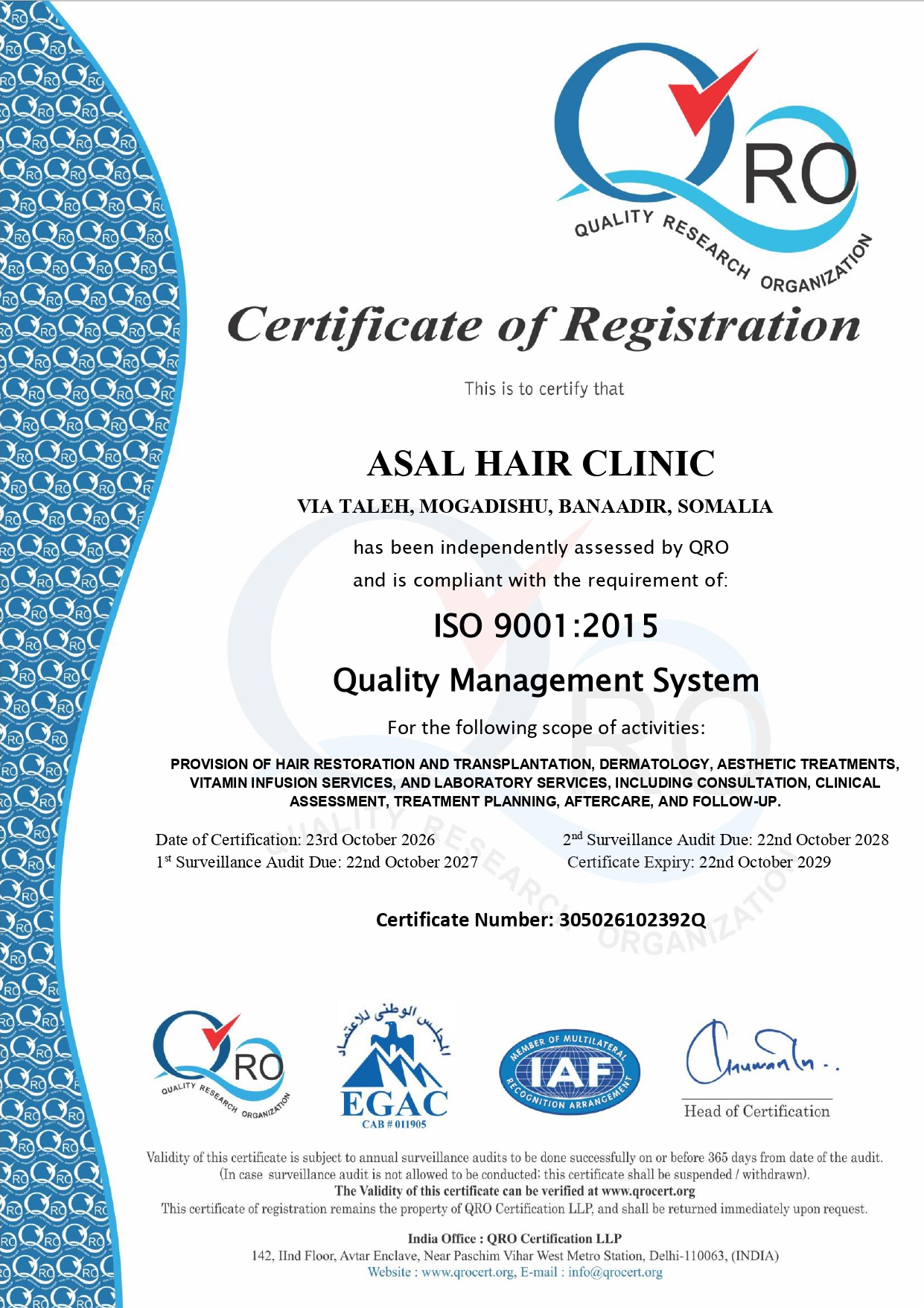 Asal Hair & Skin Clinic Achieves ISO 9001:2015 Certification in Somalia
